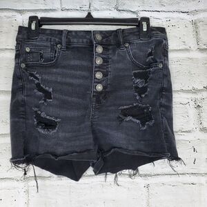 American Eagle super hi rise shortie jeans button fly Distressed size 8 stretch